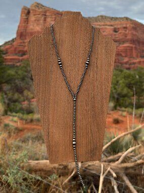 Handmade Brushed Steel Western Pearl Graduated Lariat Necklace 18 inch